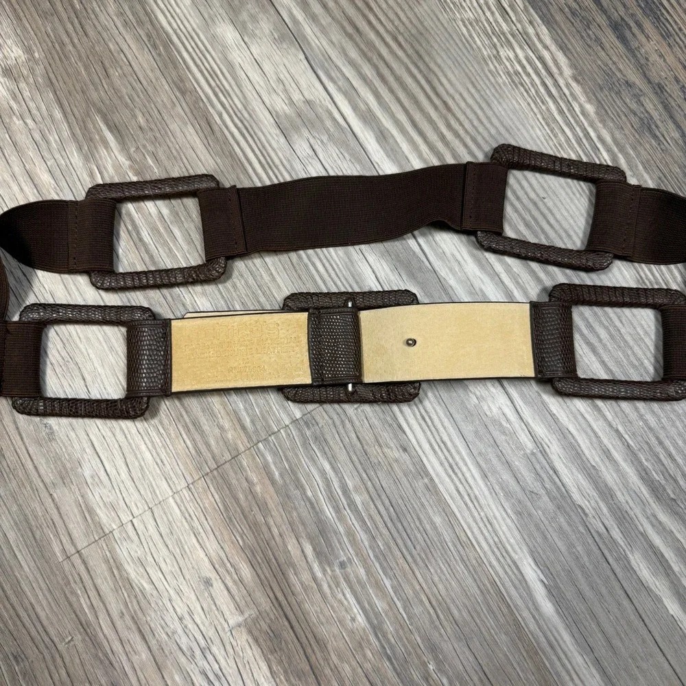 Chico's Y2K Brown Elastic Stretch Waist Belt Faux Leather Square Link Medium